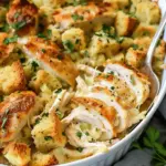 Rotisserie Chicken and Stuffing Casserole Recipe Create Pinterest Pin Rotisserie Chicken and Stuffing Casserole Recipe No Ratings Print Rotisserie Chicken and Stuffing Casserole is a comforting, easy-to-make dish that combines tender rotisserie chicken, savory stuffing, and creamy sauce into one flavorful meal. It’s perfect for using leftover rotisserie chicken and makes a great family-friendly weeknight dinner. Prep Time 10 minutes Cook Time 35 minutes Ingredients 3 cups rotisserie chicken, shredded (about 1 whole rotisserie chicken) 1 (10.5 oz) can cream of chicken soup (or cream of mushroom soup) 1 cup sour cream (or cream cheese) 1/2 cup chicken broth 1/2 teaspoon garlic powder 1/2 teaspoon onion powder Salt and pepper to taste 1 (6 oz) package stuffing mix (like Stove Top) 1 1/2 cups water (for the stuffing) 2 tablespoons butter, melted 1 cup frozen mixed vegetables (optional) Instructions 1. Preheat the Oven: Preheat the oven to 350°F (175°C) and grease a 9x13-inch baking dish. 2. Prepare the Chicken Filling: In a large bowl, mix the cream of chicken soup, sour cream, chicken broth, garlic powder, onion powder, salt, and pepper until smooth. Add the shredded rotisserie chicken and mixed vegetables (if using). Stir until combined. 3. Prepare the Stuffing: In a separate bowl, prepare the stuffing mix by combining the package of stuffing with 1 1/2 cups of hot water and melted butter. Stir until the stuffing is moistened. 4. Assemble the Casserole: Spread the chicken mixture evenly into the bottom of the greased baking dish. Top with the prepared stuffing, spreading it evenly over the chicken mixture. 5. Bake: Cover the dish with aluminum foil and bake for 20 minutes. After 20 minutes, remove the foil and bake for another 10-15 minutes, or until the stuffing is golden brown and the casserole is bubbling. 6. Serve: Let the casserole rest for 5 minutes before serving. Garnish with fresh parsley if desired. Notes Vegetables: Feel free to add or substitute vegetables like green beans, peas, carrots, or corn. Stuffing Variety: You can use any type of stuffing mix, like cornbread stuffing, herb stuffing, or even homemade stuffing. Cream Alternatives: If you prefer a richer casserole, swap the sour cream for cream cheese. Make-Ahead: This casserole can be assembled a day in advance and baked just before serving. Store covered in the refrigerator.