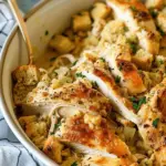 Rotisserie Chicken and Stuffing Casserole Recipe Create Pinterest Pin Rotisserie Chicken and Stuffing Casserole Recipe No Ratings Print Rotisserie Chicken and Stuffing Casserole is a comforting, easy-to-make dish that combines tender rotisserie chicken, savory stuffing, and creamy sauce into one flavorful meal. It’s perfect for using leftover rotisserie chicken and makes a great family-friendly weeknight dinner. Prep Time 10 minutes Cook Time 35 minutes Ingredients 3 cups rotisserie chicken, shredded (about 1 whole rotisserie chicken) 1 (10.5 oz) can cream of chicken soup (or cream of mushroom soup) 1 cup sour cream (or cream cheese) 1/2 cup chicken broth 1/2 teaspoon garlic powder 1/2 teaspoon onion powder Salt and pepper to taste 1 (6 oz) package stuffing mix (like Stove Top) 1 1/2 cups water (for the stuffing) 2 tablespoons butter, melted 1 cup frozen mixed vegetables (optional) Instructions 1. Preheat the Oven: Preheat the oven to 350°F (175°C) and grease a 9x13-inch baking dish. 2. Prepare the Chicken Filling: In a large bowl, mix the cream of chicken soup, sour cream, chicken broth, garlic powder, onion powder, salt, and pepper until smooth. Add the shredded rotisserie chicken and mixed vegetables (if using). Stir until combined. 3. Prepare the Stuffing: In a separate bowl, prepare the stuffing mix by combining the package of stuffing with 1 1/2 cups of hot water and melted butter. Stir until the stuffing is moistened. 4. Assemble the Casserole: Spread the chicken mixture evenly into the bottom of the greased baking dish. Top with the prepared stuffing, spreading it evenly over the chicken mixture. 5. Bake: Cover the dish with aluminum foil and bake for 20 minutes. After 20 minutes, remove the foil and bake for another 10-15 minutes, or until the stuffing is golden brown and the casserole is bubbling. 6. Serve: Let the casserole rest for 5 minutes before serving. Garnish with fresh parsley if desired. Notes Vegetables: Feel free to add or substitute vegetables like green beans, peas, carrots, or corn. Stuffing Variety: You can use any type of stuffing mix, like cornbread stuffing, herb stuffing, or even homemade stuffing. Cream Alternatives: If you prefer a richer casserole, swap the sour cream for cream cheese. Make-Ahead: This casserole can be assembled a day in advance and baked just before serving. Store covered in the refrigerator.