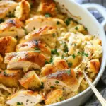 Rotisserie Chicken and Stuffing Casserole Recipe Create Pinterest Pin Rotisserie Chicken and Stuffing Casserole Recipe No Ratings Print Rotisserie Chicken and Stuffing Casserole is a comforting, easy-to-make dish that combines tender rotisserie chicken, savory stuffing, and creamy sauce into one flavorful meal. It’s perfect for using leftover rotisserie chicken and makes a great family-friendly weeknight dinner. Prep Time 10 minutes Cook Time 35 minutes Ingredients 3 cups rotisserie chicken, shredded (about 1 whole rotisserie chicken) 1 (10.5 oz) can cream of chicken soup (or cream of mushroom soup) 1 cup sour cream (or cream cheese) 1/2 cup chicken broth 1/2 teaspoon garlic powder 1/2 teaspoon onion powder Salt and pepper to taste 1 (6 oz) package stuffing mix (like Stove Top) 1 1/2 cups water (for the stuffing) 2 tablespoons butter, melted 1 cup frozen mixed vegetables (optional) Instructions 1. Preheat the Oven: Preheat the oven to 350°F (175°C) and grease a 9x13-inch baking dish. 2. Prepare the Chicken Filling: In a large bowl, mix the cream of chicken soup, sour cream, chicken broth, garlic powder, onion powder, salt, and pepper until smooth. Add the shredded rotisserie chicken and mixed vegetables (if using). Stir until combined. 3. Prepare the Stuffing: In a separate bowl, prepare the stuffing mix by combining the package of stuffing with 1 1/2 cups of hot water and melted butter. Stir until the stuffing is moistened. 4. Assemble the Casserole: Spread the chicken mixture evenly into the bottom of the greased baking dish. Top with the prepared stuffing, spreading it evenly over the chicken mixture. 5. Bake: Cover the dish with aluminum foil and bake for 20 minutes. After 20 minutes, remove the foil and bake for another 10-15 minutes, or until the stuffing is golden brown and the casserole is bubbling. 6. Serve: Let the casserole rest for 5 minutes before serving. Garnish with fresh parsley if desired. Notes Vegetables: Feel free to add or substitute vegetables like green beans, peas, carrots, or corn. Stuffing Variety: You can use any type of stuffing mix, like cornbread stuffing, herb stuffing, or even homemade stuffing. Cream Alternatives: If you prefer a richer casserole, swap the sour cream for cream cheese. Make-Ahead: This casserole can be assembled a day in advance and baked just before serving. Store covered in the refrigerator.