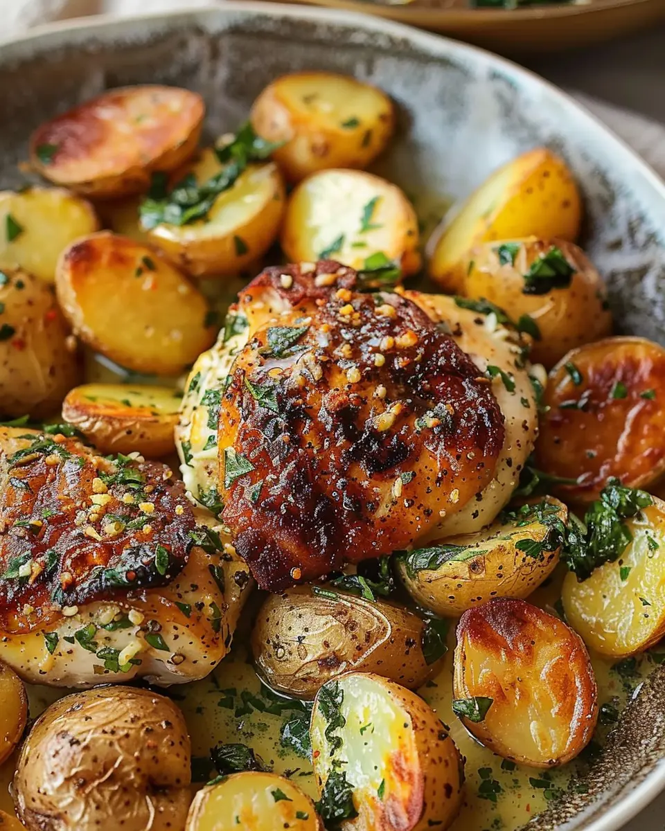 Garlic Parmesan Chicken: Easy One-Pan Wonder with Crispy Roasted Potatoes