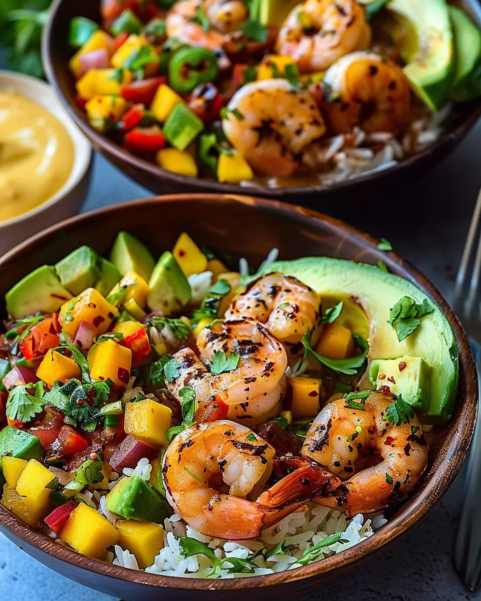 Shrimp and Avocado Bowls: Easy Mango Salsa &amp; Lime-Chili Sauce