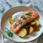 Dill salmon with potato wedges and a creamy pickle and dill sauce