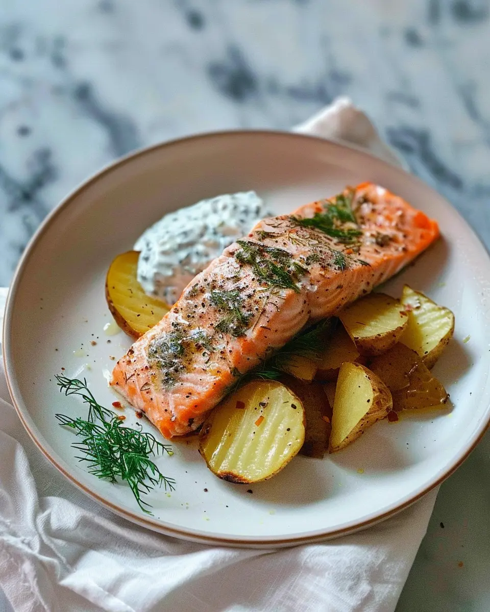 Dill Salmon with Potato Wedges: Easy Creamy Pickle Sauce Delight